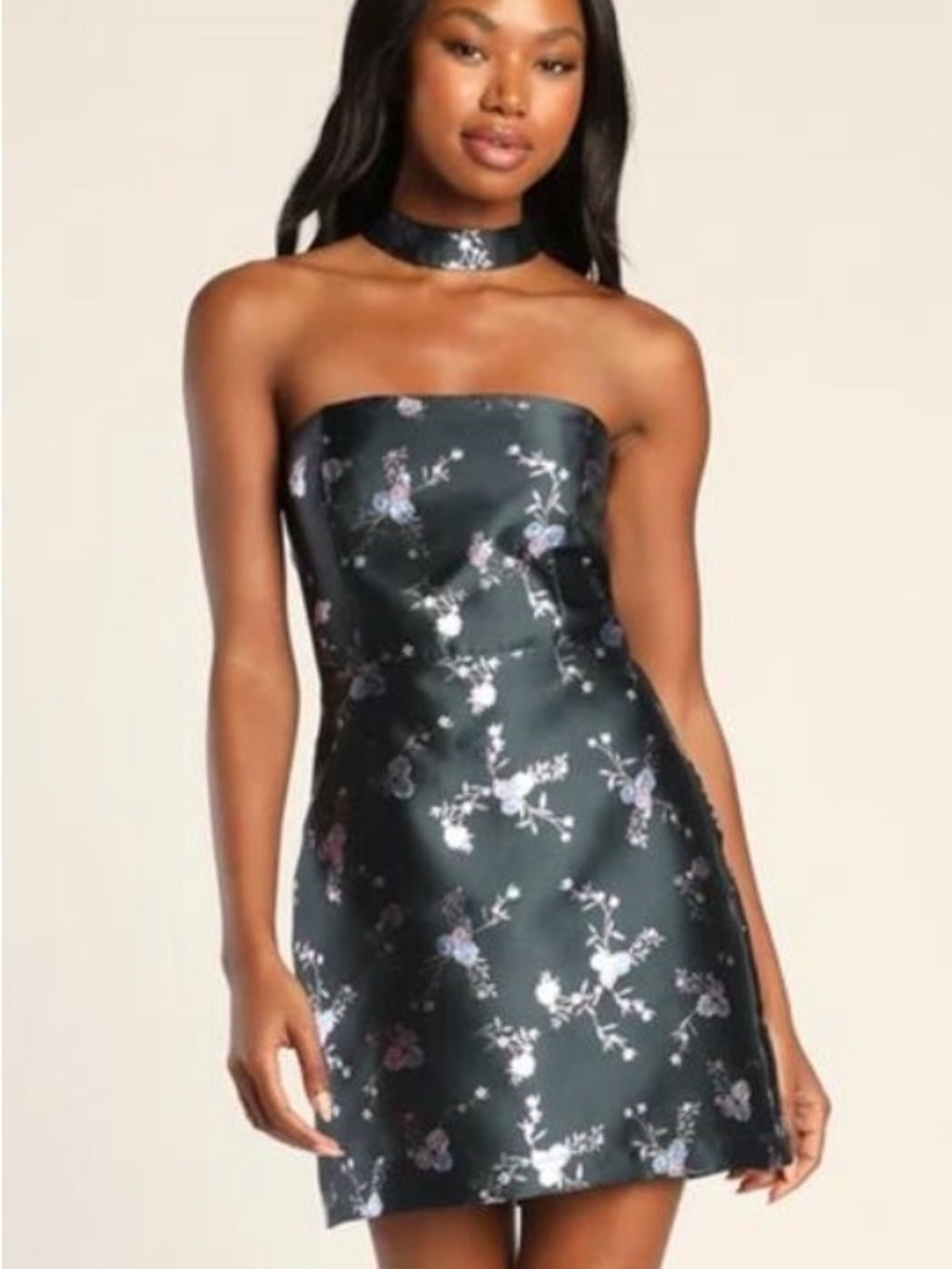 Lulus "Get the Charm" Dark Navy Floral Jacquard Halter Mini Dress Size Small NWT